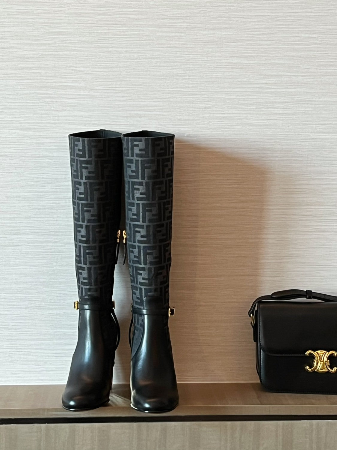 Fendi Women's Fall/Winter Fashion Classic Round Toe Leather FF Jacquard Fabric High Heel Knee High Boots Shoes #79223