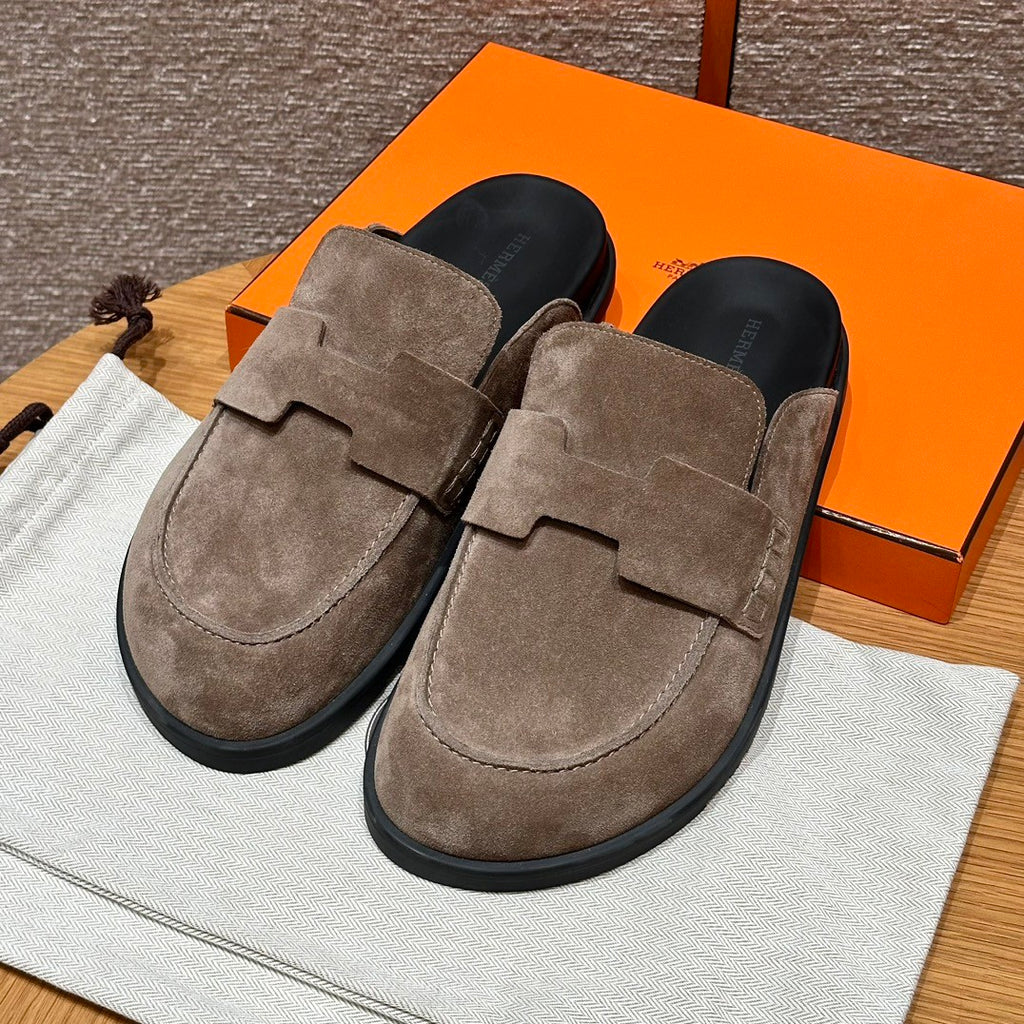 Hermes Men's Spring And Summer Solid Color Calfskin Round Head Flat Bottom Baotou Birkenstock Slippers Shoes #75495