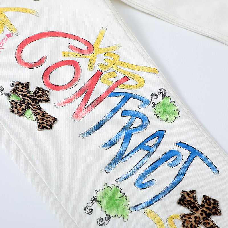 Chrome Hearts Graffiti White Denim Jeans Pants #96784