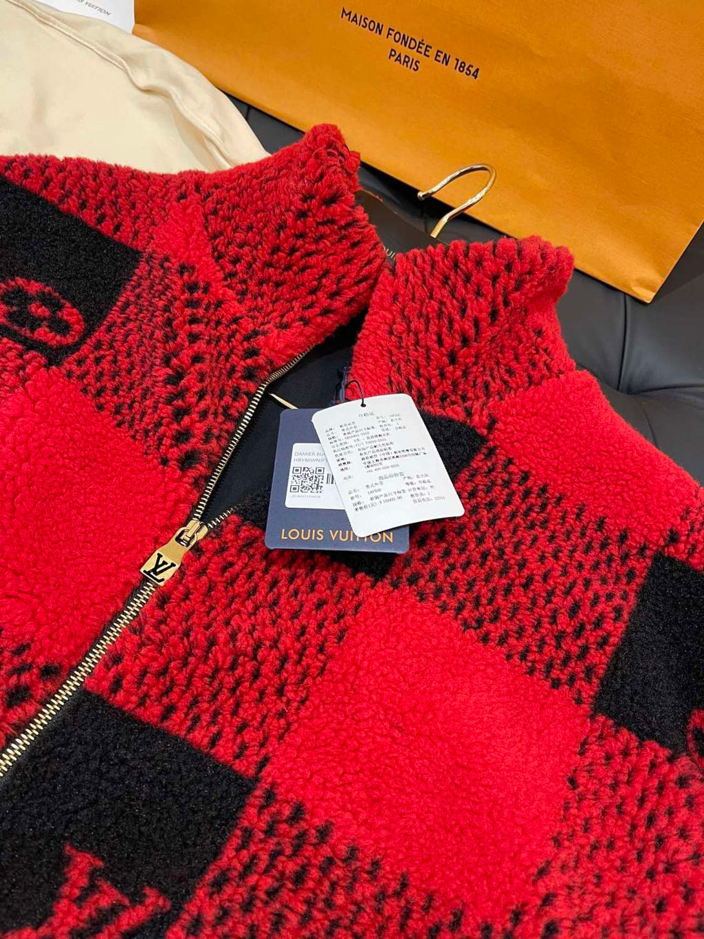 Louis Vuitton Men's Fall And Winter Red And Black Checkerboard Pattern Collar Zipper Long Sleeved Jacket #73682