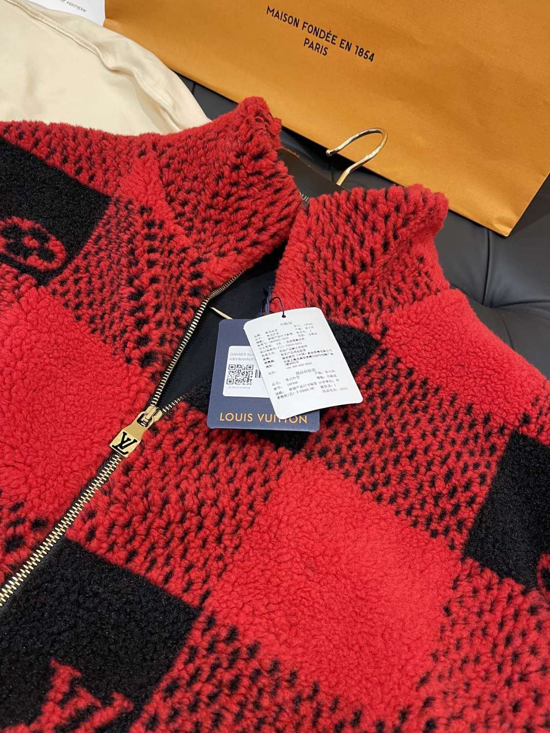 Louis Vuitton Men's Fall And Winter Red And Black Checkerboard Pattern Collar Zipper Long Sleeved Jacket #73682