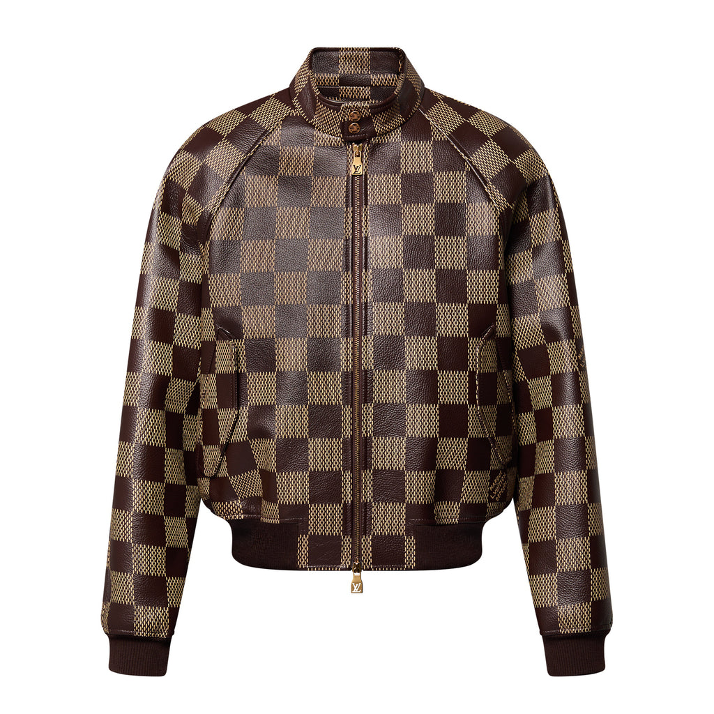 Louis Vuitton Men's Fall And Winter Brown Checkerboard Pattern Collar Zipper Cowhide Long Sleeved Jacket #72611