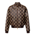 Louis Vuitton Men's Fall And Winter Brown Checkerboard Pattern Collar Zipper Cowhide Long Sleeved Jacket #72611