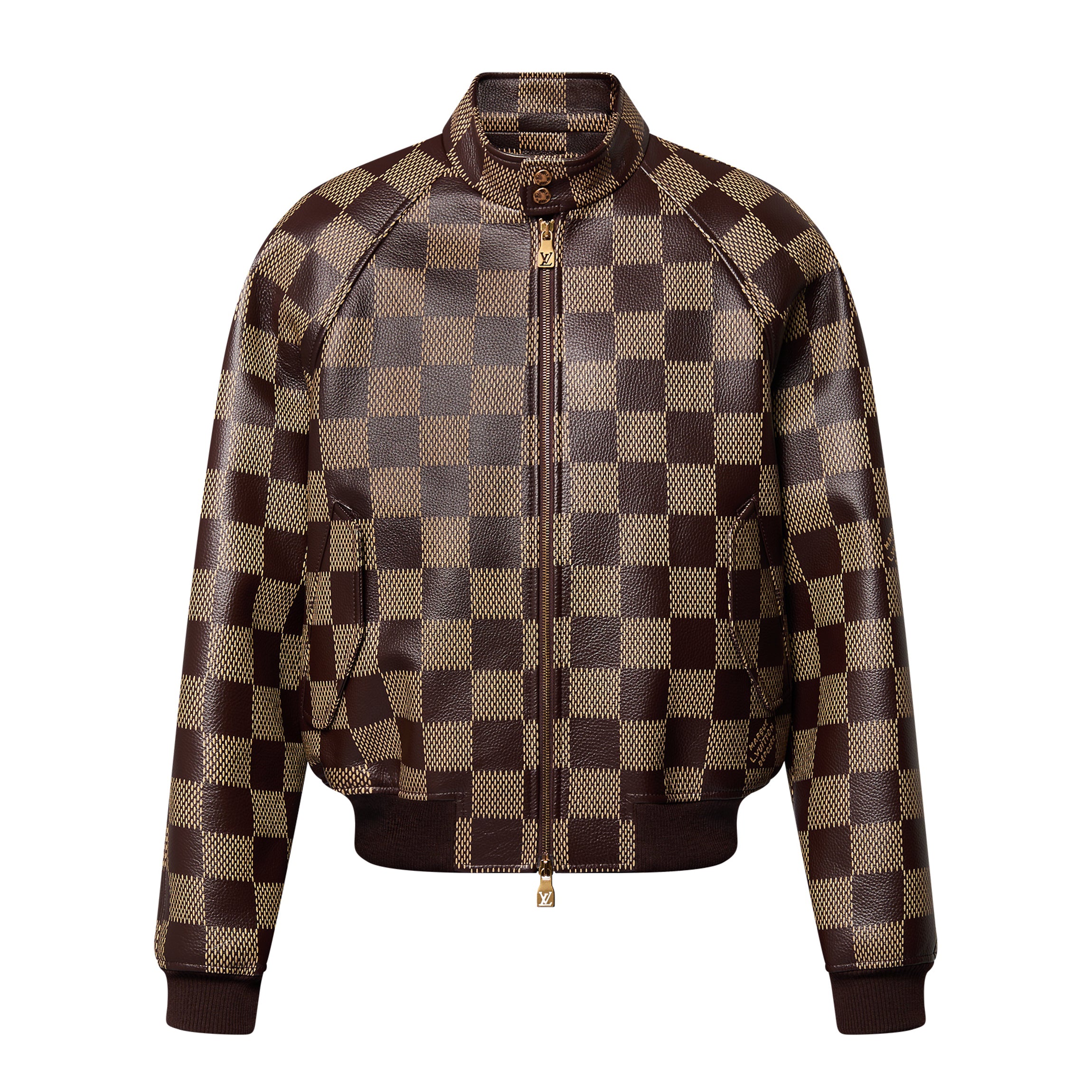 Louis Vuitton Men's Fall And Winter Brown Checkerboard Pattern Collar Zipper Cowhide Long Sleeved Jacket #72611
