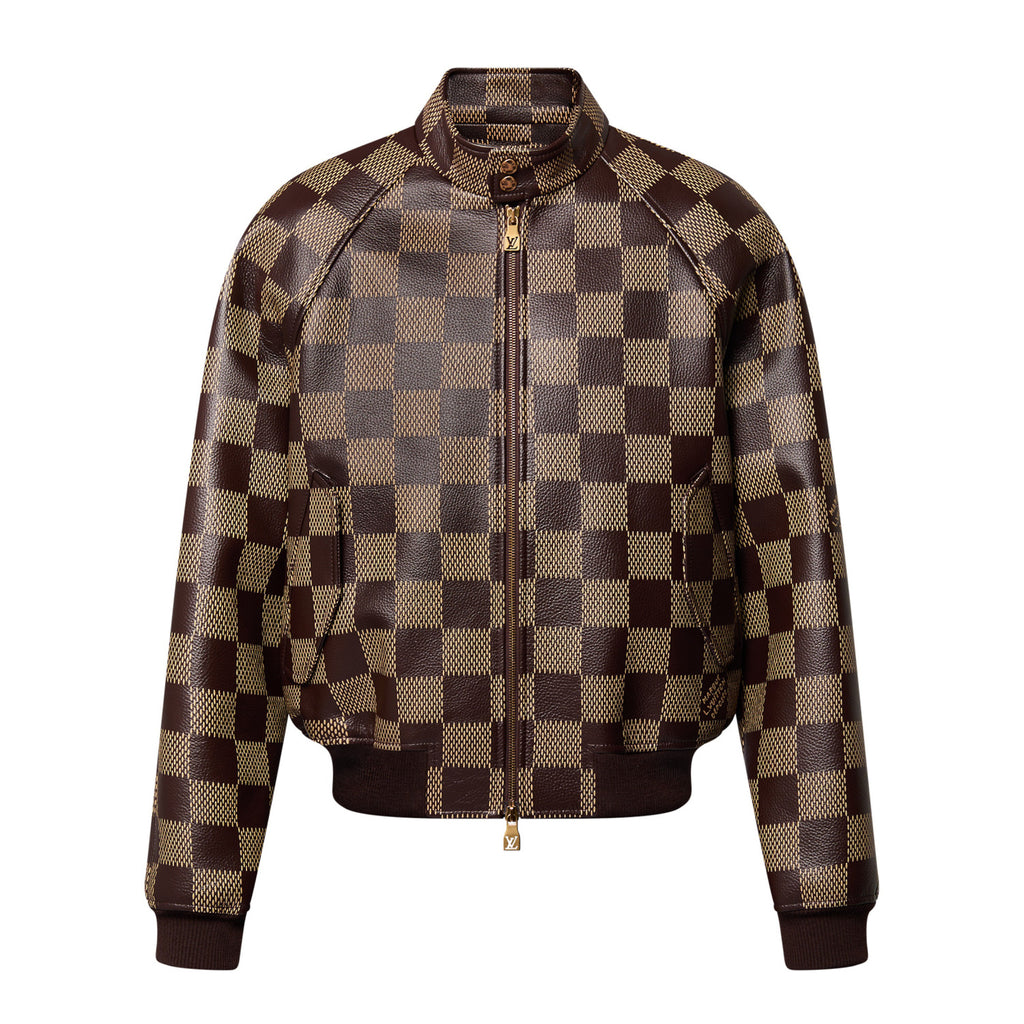 Louis Vuitton Men's Fall And Winter Brown Checkerboard Pattern Collar Zipper Cowhide Long Sleeved Jacket #72611
