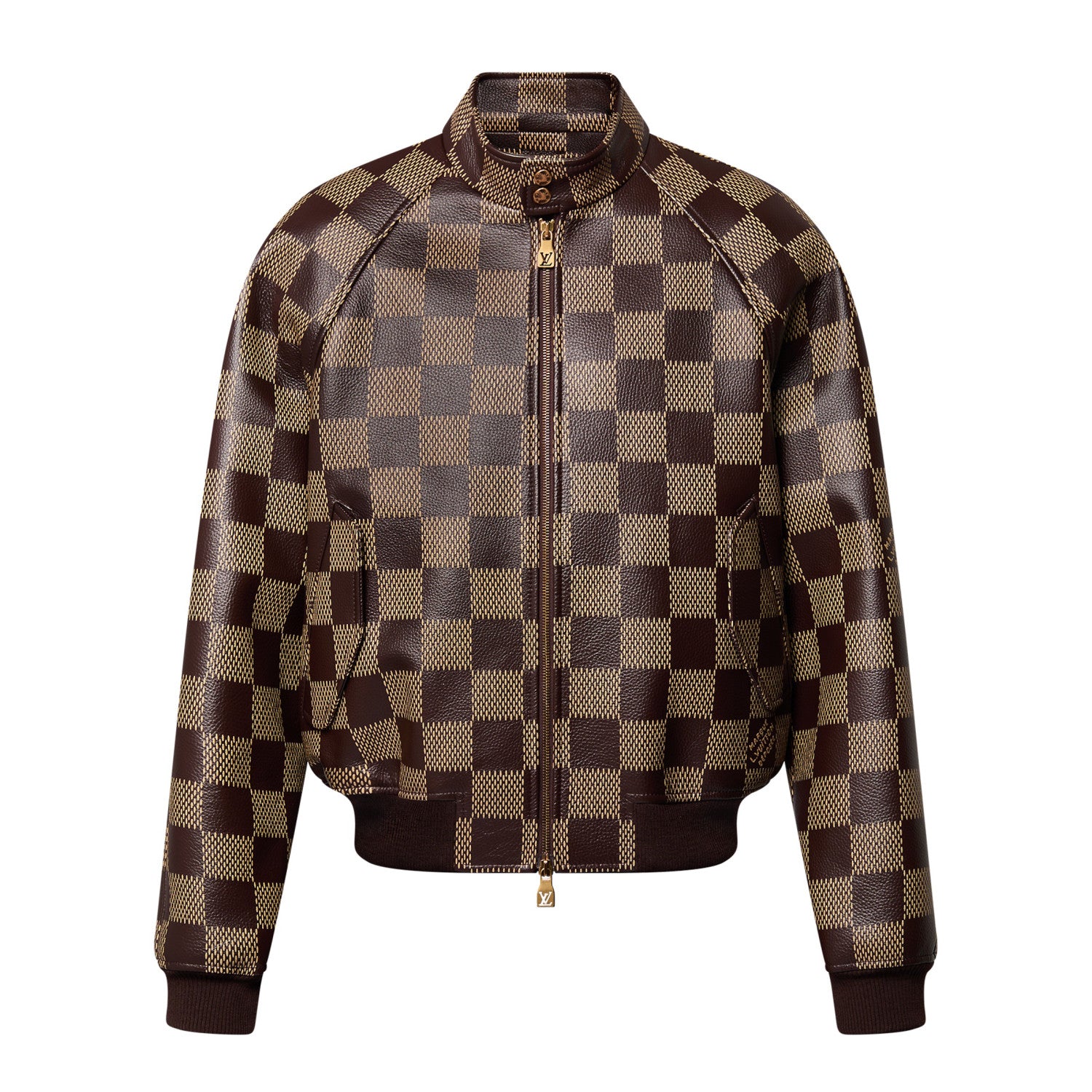 Louis Vuitton Men's Fall And Winter Brown Checkerboard Pattern Collar Zipper Cowhide Long Sleeved Jacket #72611