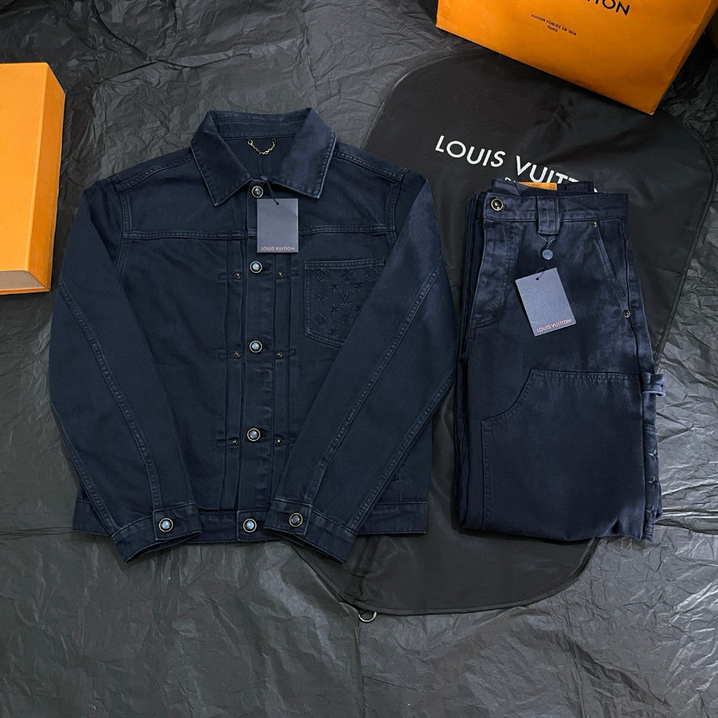 Louis Vuitton Men's Spring/Autumn Solid Colour Embroidered Letter Print Pocket Single-Breasted Long-Sleeved Denim Jacket and Casual Denim Trousers Pants Set Suit #77632