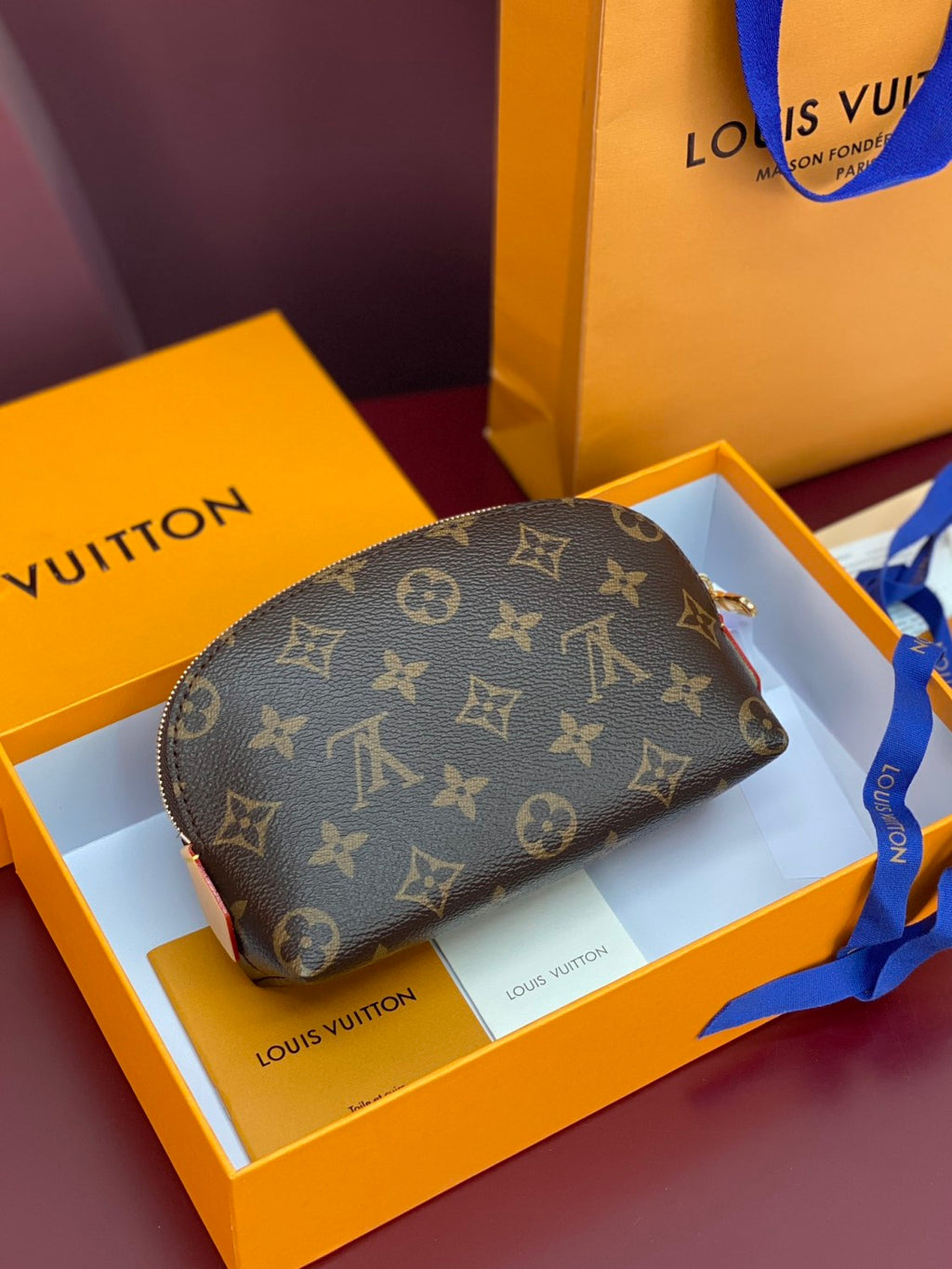Louis Vuitton LV X TM Women's Brown Letter Print Cherry Pattern Leather Small Makeup Bag Bags #77595
