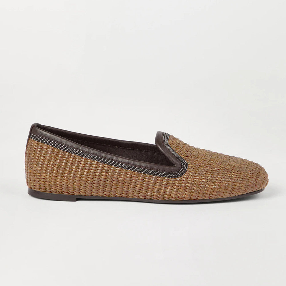Brunello Cucinelli Women's Techno Raffia Slippers With Precious Trim Round Toe Solid Color Single Shoes Sheepskin Tassel Embellished Four Seasons Casual Flats Shoes Ngvp #1537