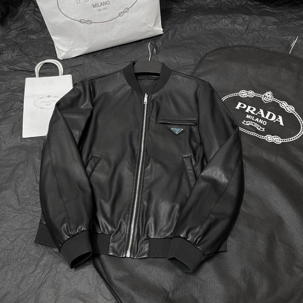 Prada Men's Fall/Winter Fashion Classic Solid Color Leather Crew Neck Zip Up Reversible Leather Plain Weave Jacket #79345