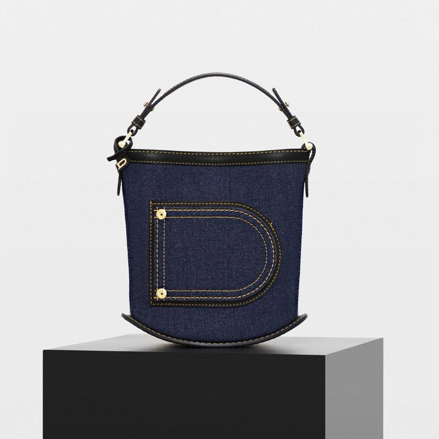 Delvaux Pin Bucket Women's Outer Stitching Solid Color Denim Patchwork Leather Tote Shoulder Bag Bags #76453