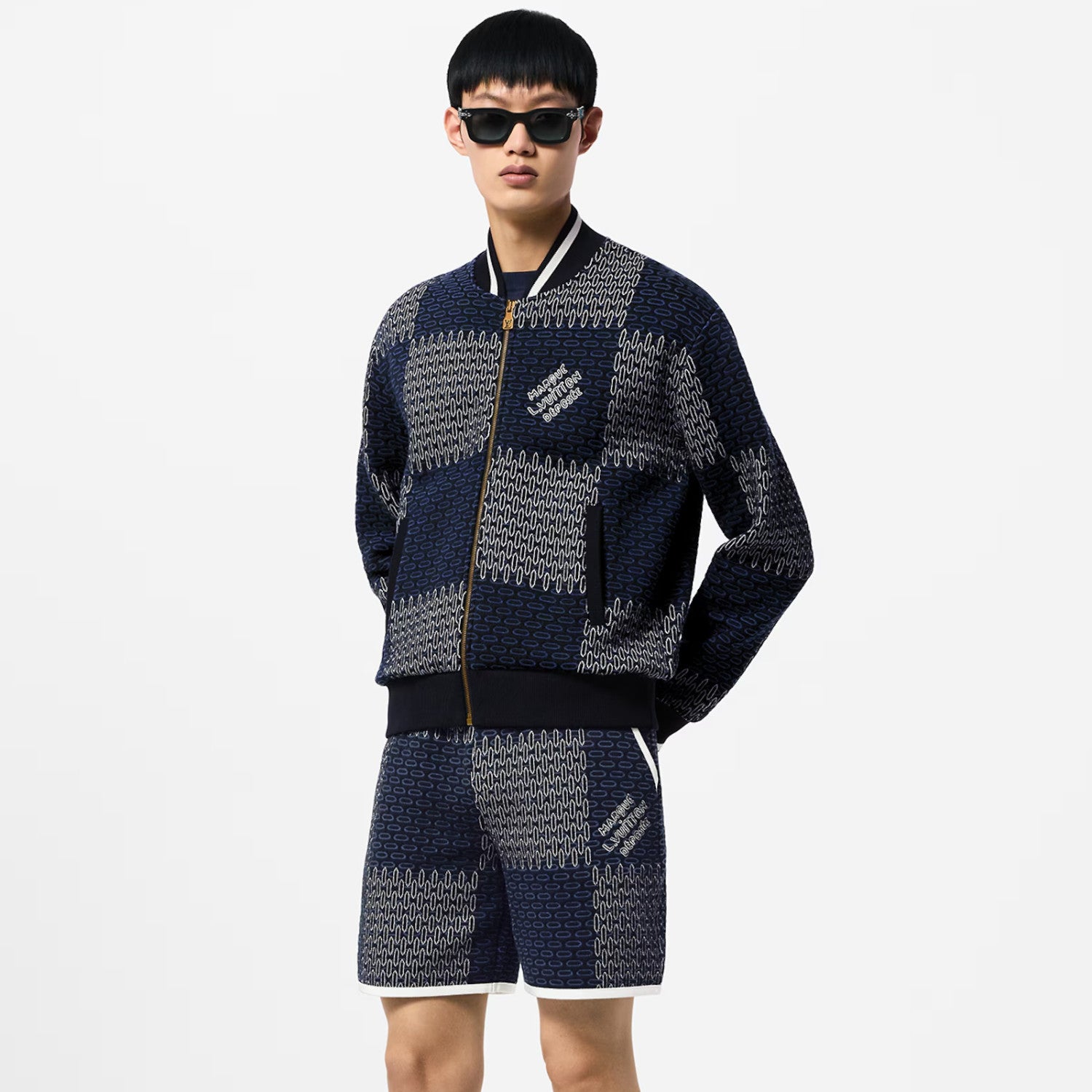 Louis Vuitton Men's Spring And Summer Letter Jacquard Knit Single Breasted Short Sleeved Shirt Drawstring Casual Shorts Suit Set #73114