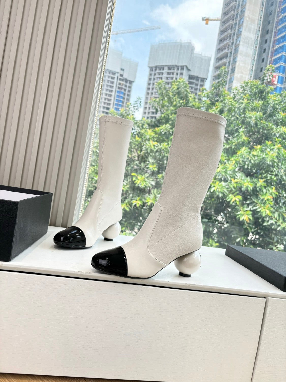 Chanel Women's Fall/winter Fashion Classic Round Toe Sheepskin Double C Oversized Pearl Heel Stretch Mid Calf Boots Long Boots Shoes #78546