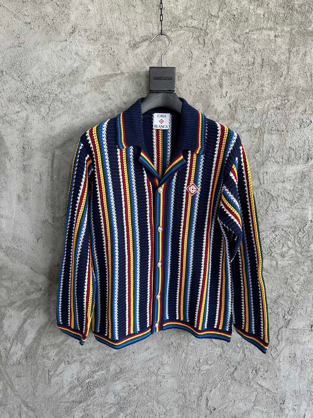 Casablanca Men's Spring And Summer Vertical Stripes Printed Single Breasted Long Sleeved Knitted Shirt Drawstring Tie Casual Knitted Shorts Suit Set #76349