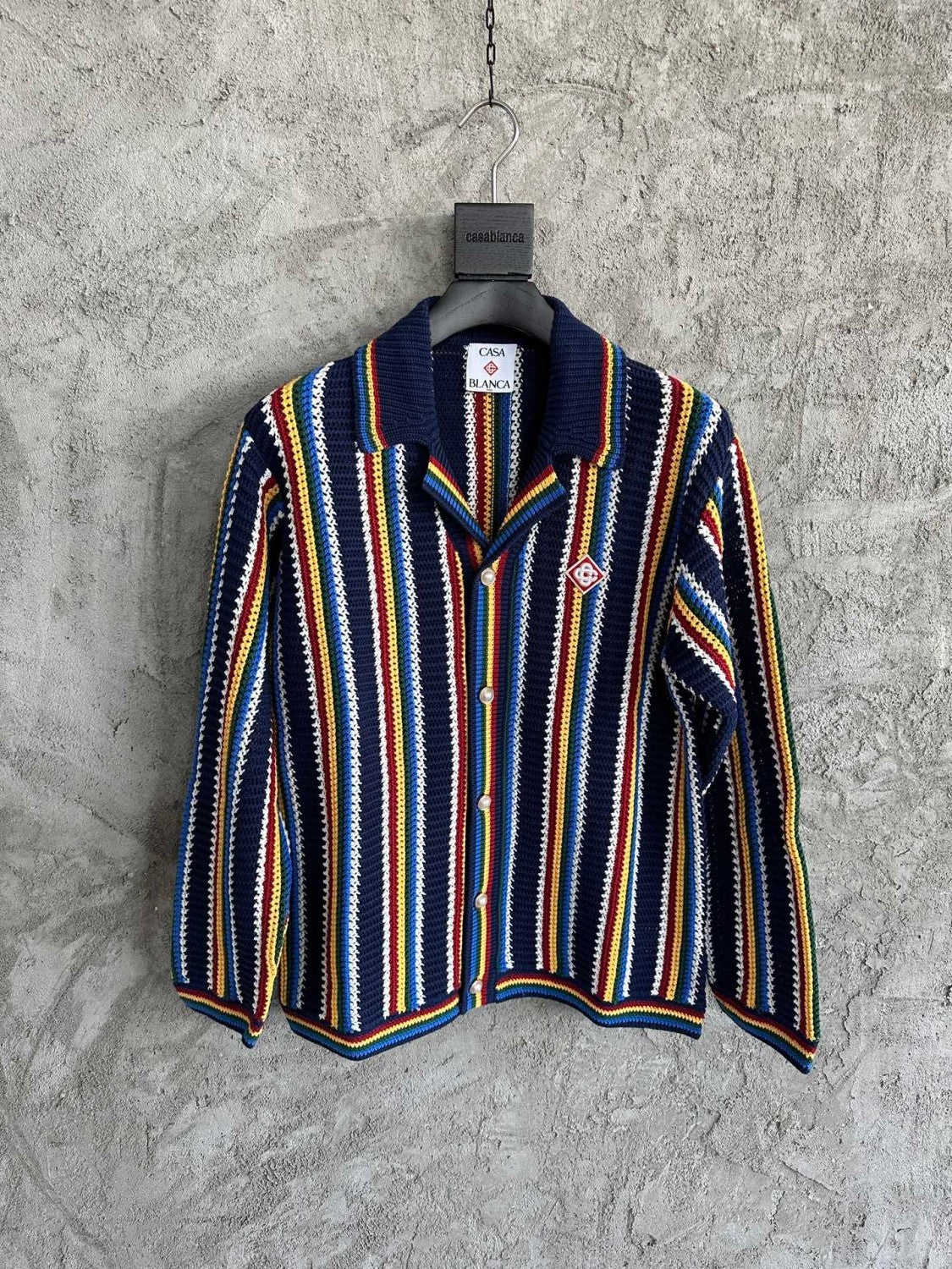 Casablanca Men's Spring And Summer Vertical Stripes Printed Single Breasted Long Sleeved Knitted Shirt Drawstring Tie Casual Knitted Shorts Suit Set #76349