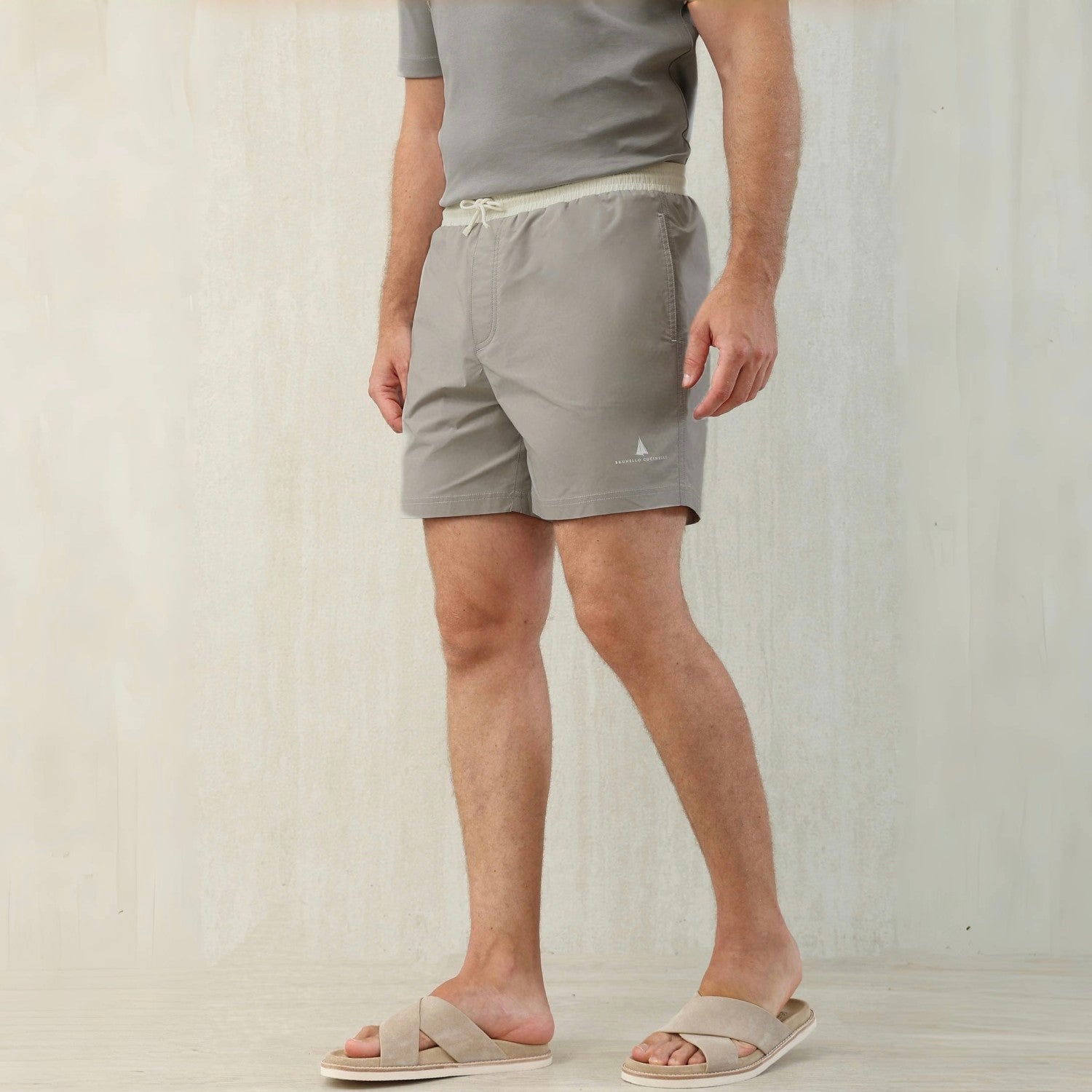 Brunello Cucinelli  Nylon Swim Shorts With Contrast Details And Print Men's Spring Summer Holiday Beach Shorts Colour Block Fashion Casual Pants #77277