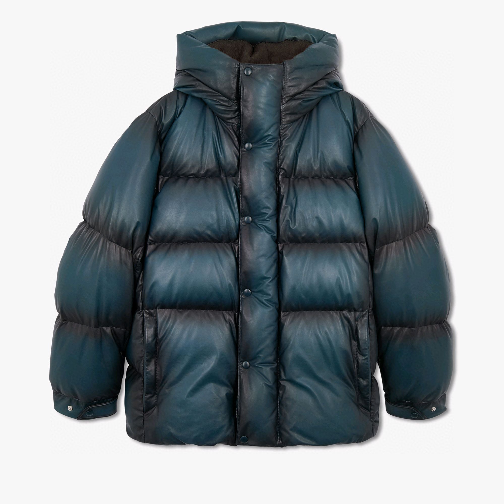 Berluti Men's Winter Solid Color Single Breasted Long Sleeve Hooded Leather Puffer Down Jacket Ngvp #7215