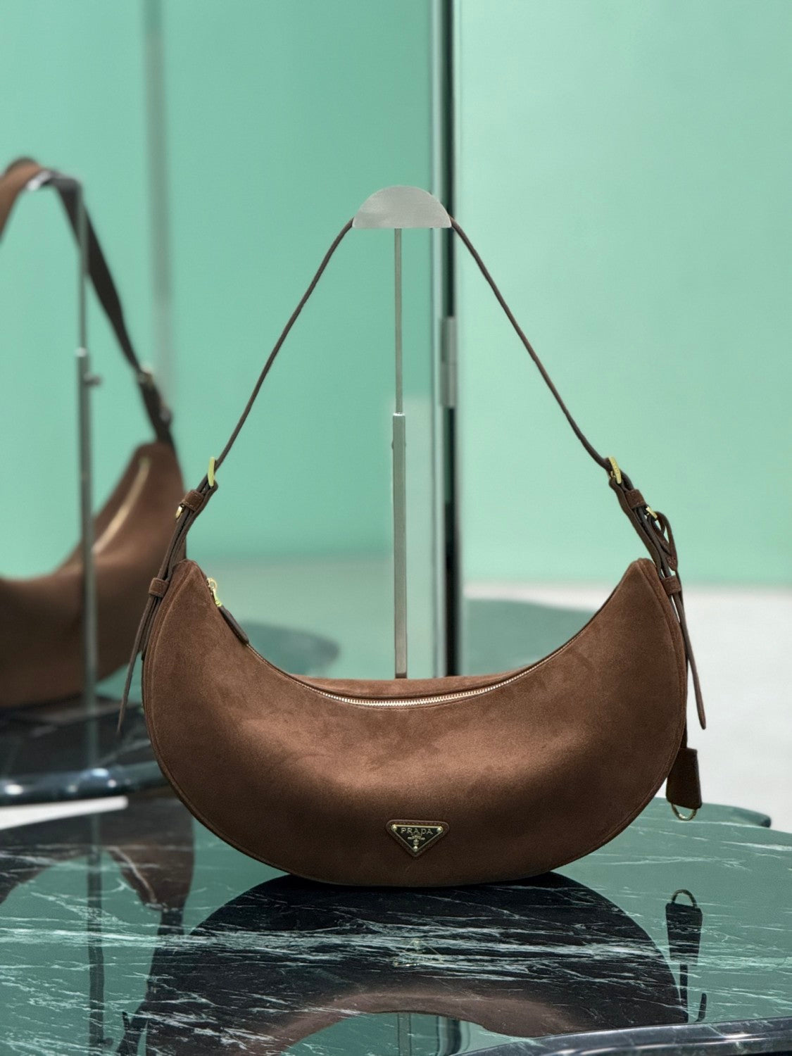 PRADA Classic Crescent Shape Suede Shoulder Bag Oversized Fit  Adjustable Handles Women's Handbag #81941L