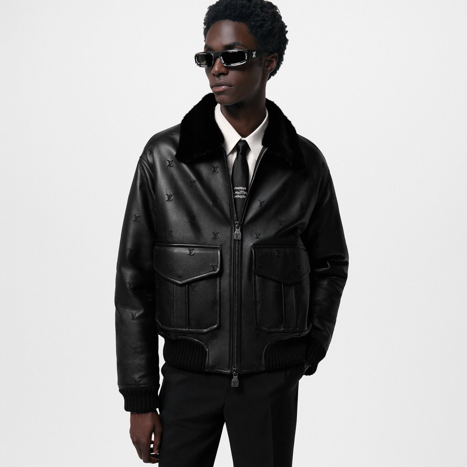 Louis Vuitton Men's Fall/winter Pilot Drawstring Jacket Solid Color Logo Jacquard Hair Collar Colorblocking Leather Jacket Back With Vents #73354