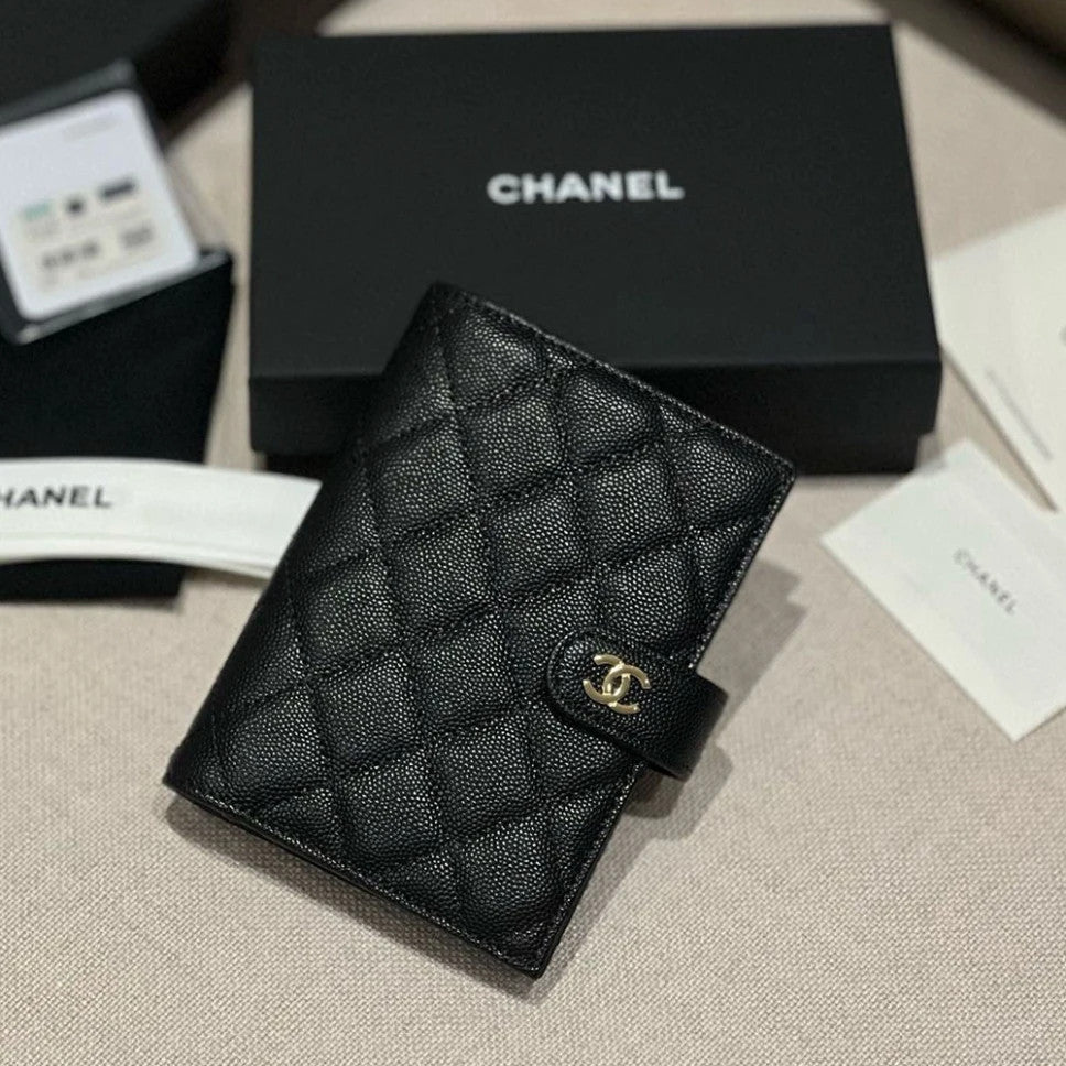 CHANEL Caviar Quilted Passport Holder Black Women's Black Checkered Square Wallet with Gold and Silver Buckles #82319A