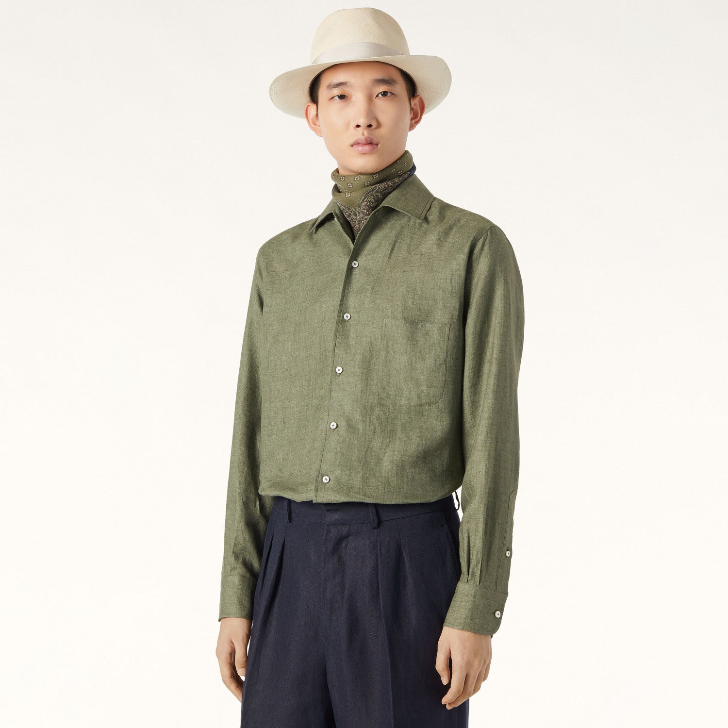Loro Piana Men's Spring/Fall Fashion Classic Solid-Color Collared Single-Button Linen Shirt #78636