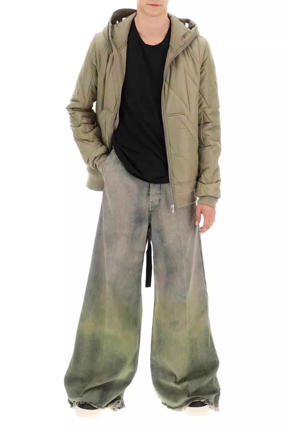 Rick Owens Men's Women's Four Seasons Gradient Yellow Green Washed Vintage Hole Breaking Wide Leg Denim Long Pants Ngvp #8192