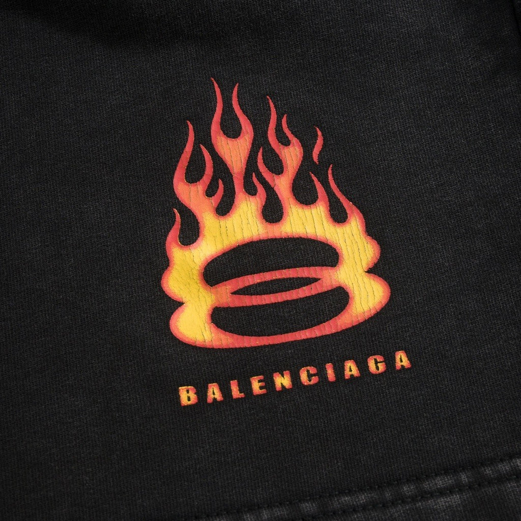 Balenciaga Men's Summer Flame Letter Black Stretch Mid Waist Cotton Shorts Pants #99535