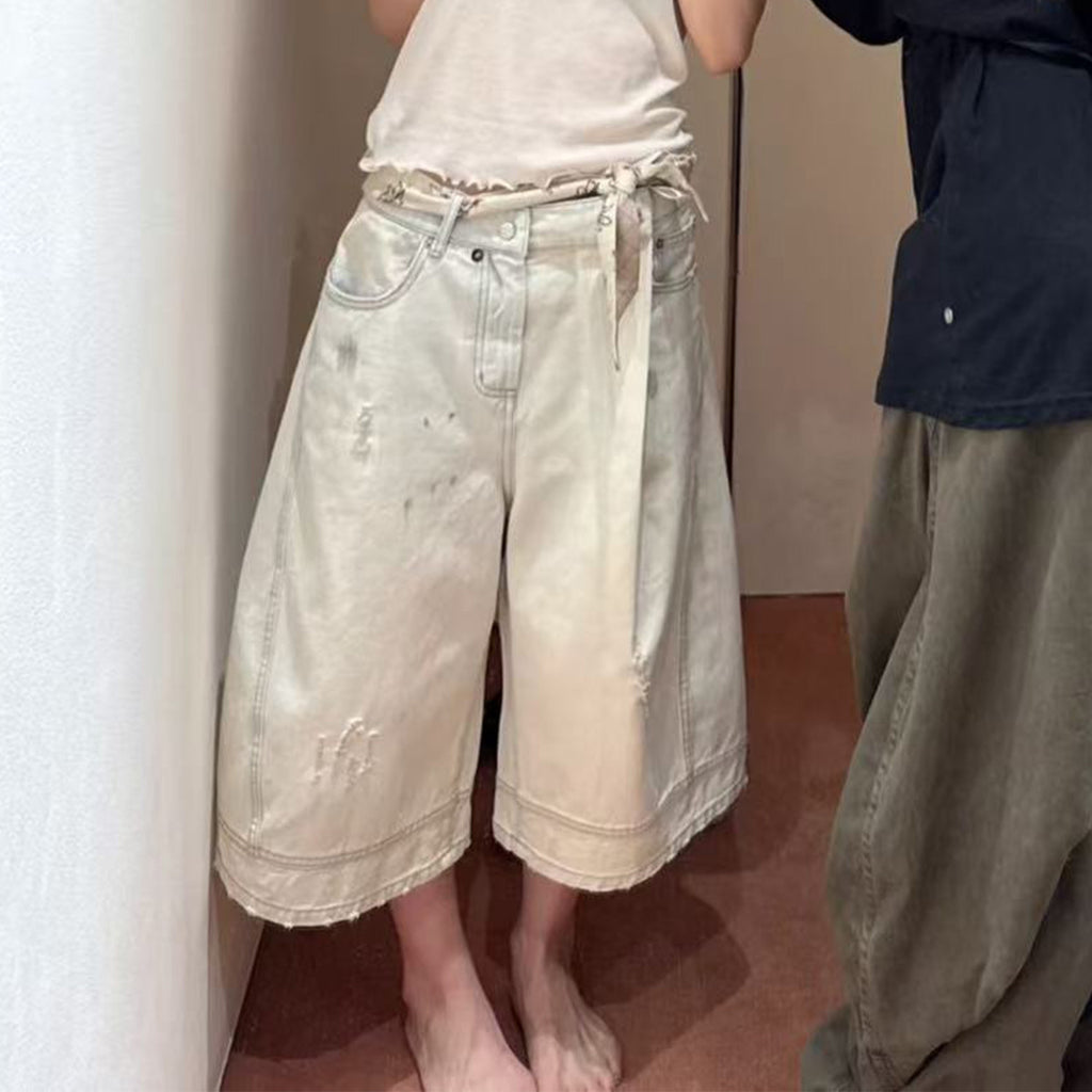 Balenciaga Workwear Shorts Men's Spring And Summer Cotton White Denim Shorts Fashion Trend Hole Casual Shorts Ngvp #1876