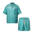 Louis Vuitton Men's Summer Solid Color Letter Print V-Neck Single Button Short Sleeve Shirt and Casual Drawstring Shorts Set Suit #77244