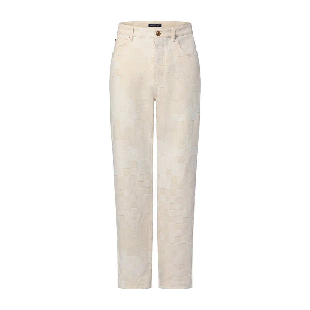 Louis Vuitton Men's Spring Summer Beige Plaid Jacquard Mid-Rise Straight Leg Jeans Pants #99881