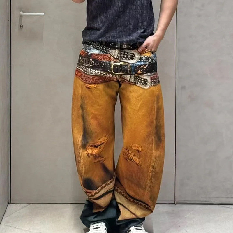 Ngvp Men's Four Seasons 3D Printed Low Rise Solid Color Loose Jeans Autonomous Label-Free Casual Pants #9923