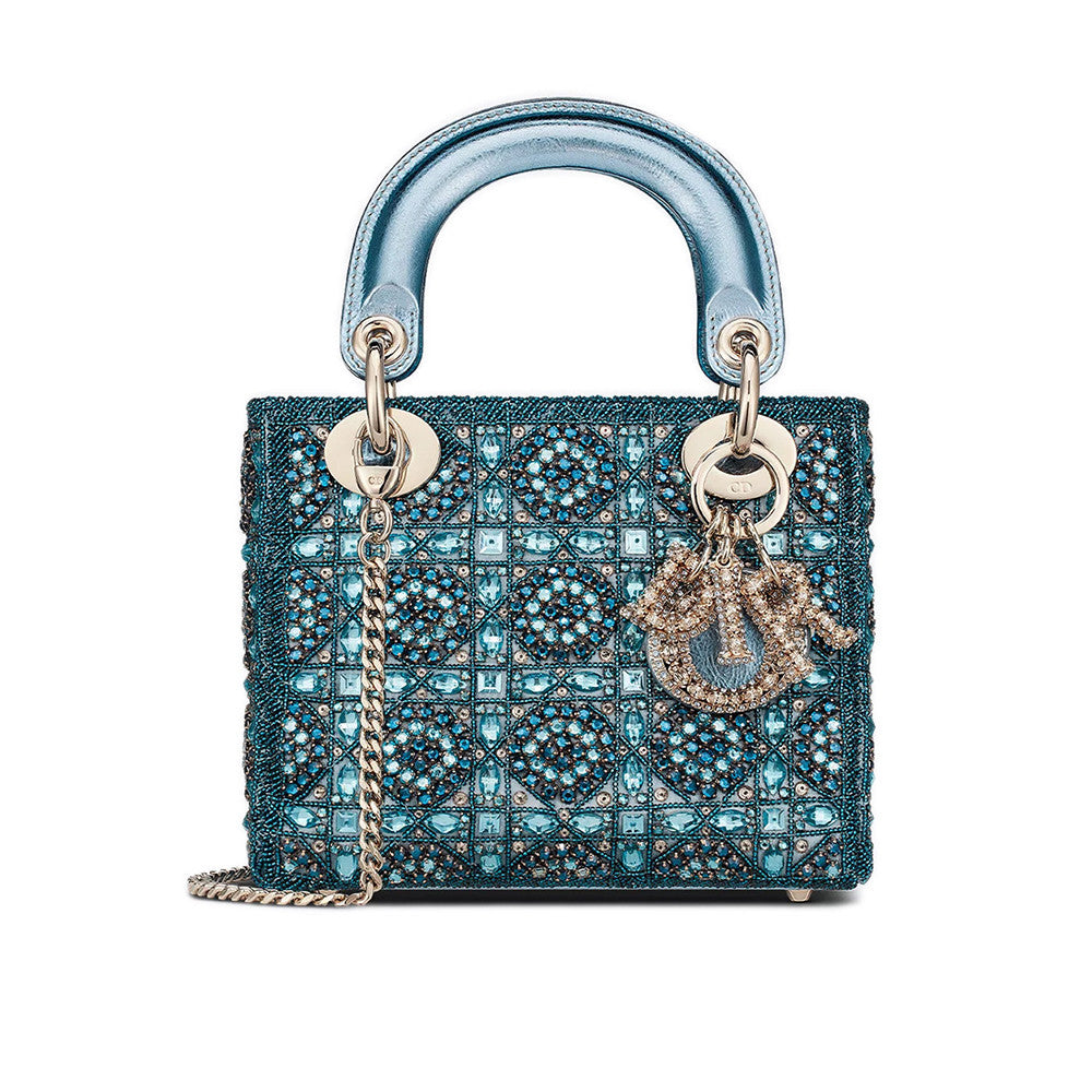 Dior Classic Diamond-quilted Embroidered Blue Metallic D.I.O.R. Charm Cowhide Leather Handle Clutch Crossbody Bag Princess Diana-style Bag Bags #196495