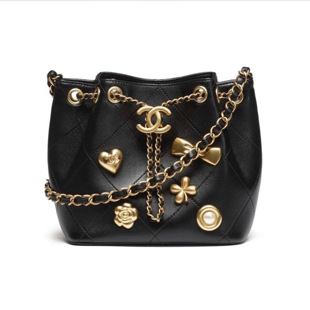 Chanel 2026 Spring/summer New Arrival Women's Heart-shaped Bow Emblem Bucket Bag Diamond-quilted Chain Strap Mini Crossbody Bags #196879