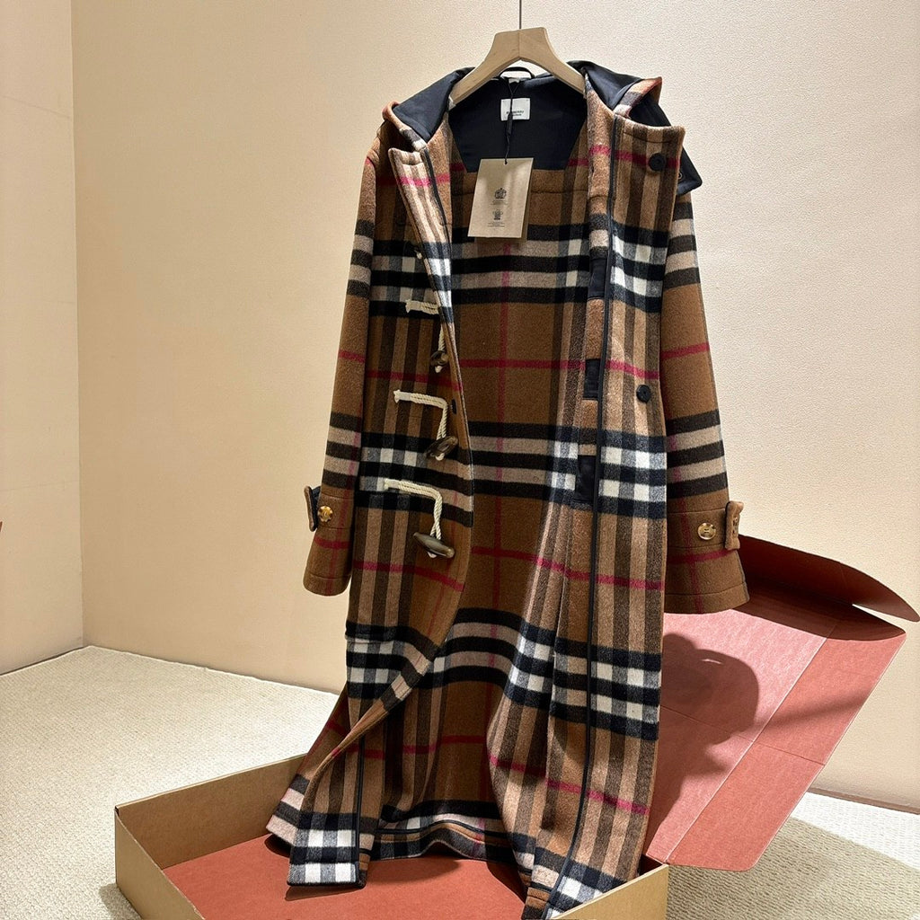 Burberry Men's And Women's Fall/Winter Fashion Casual Hooded Plaid Horn Button Long Coat Trench Jacket #79428
