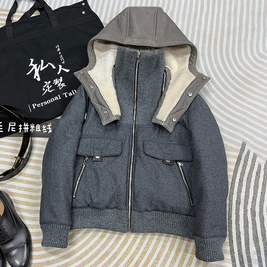 Hermes Men's Spring/Fall Patchwork Leather-Fur Collar Cashmere Casual Solid-Color Hooded Jacket Ngvp #2572