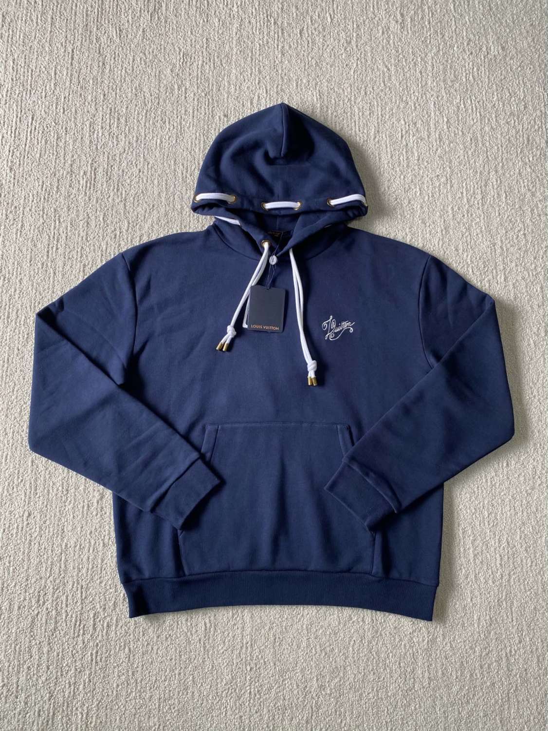 Louis Vuitton Men's Blue Rope Knot Embroidered Logo Pattern Casual Drawstring Hooded Sweatshirt #99717