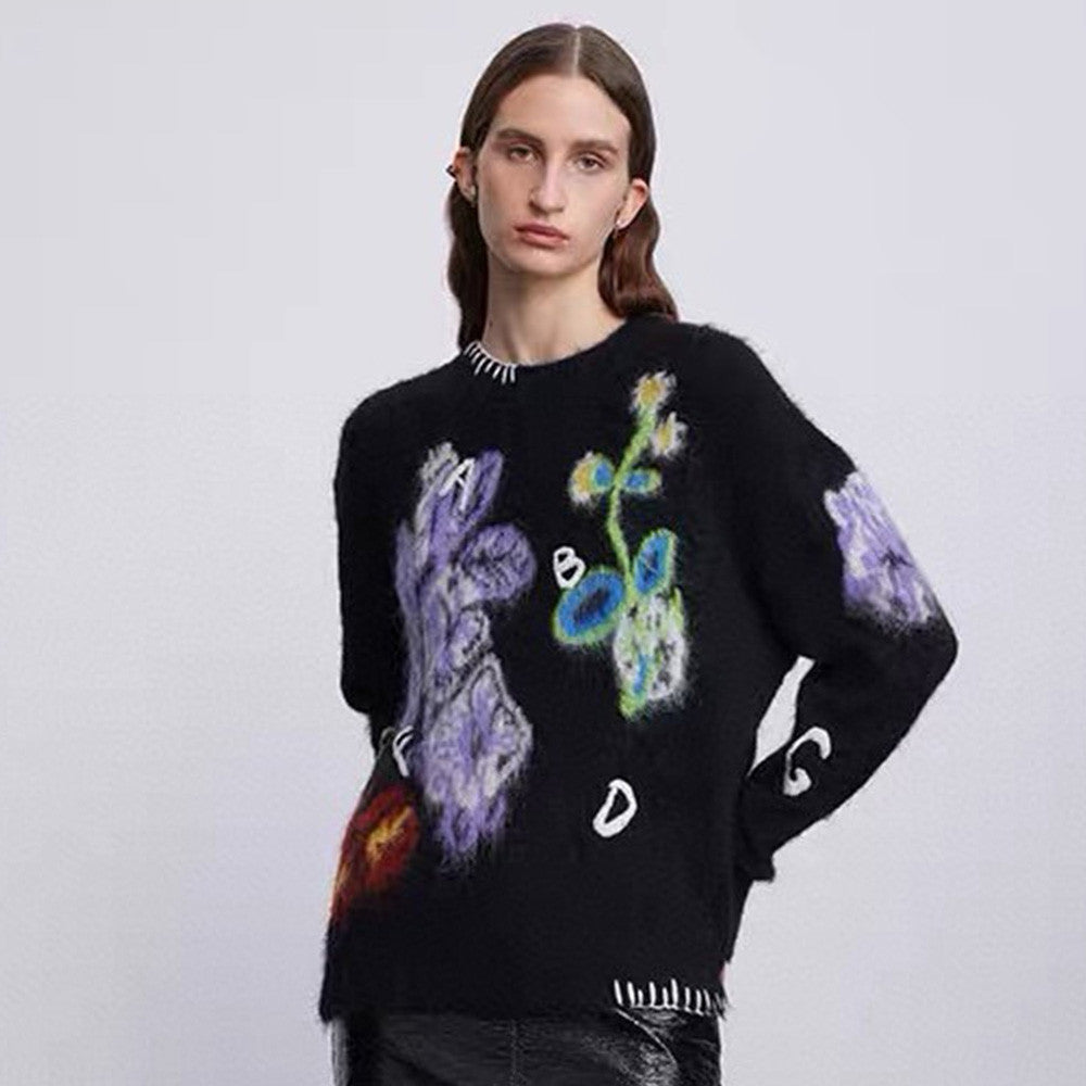 Fabrique Men's Women's Autumn And Winter Floral Letter Jacquard Crew Neck Pullover Loose Mohair Wool Knit Sweater Ngvp #7481