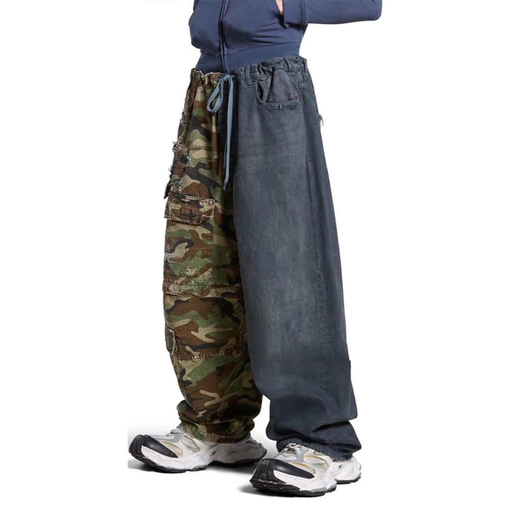 Balenciaga Men's Four Seasons Vintage Washed Camouflage Splicing Frayed Jeans Fashion High Street Straight Wide Leg Work Pants Ngvp #9121