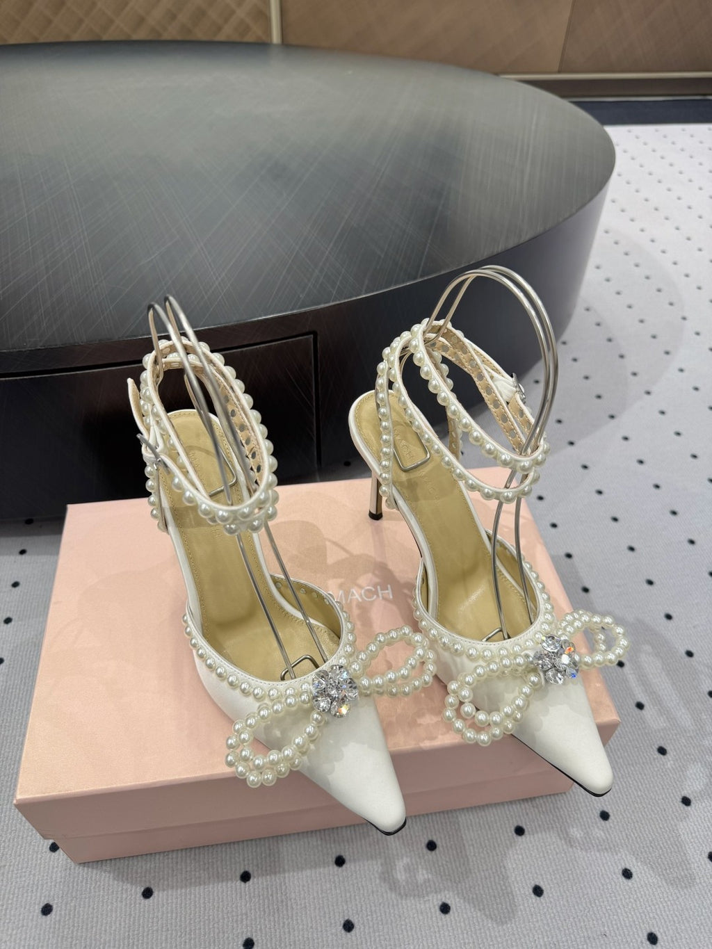 Mach & Mach Women's Spring. Summer And Autumn Pointed Toe Pearl Decorated Solid Color High Heels Fine Heeled 9cm Casual Sandals Shoes #77674