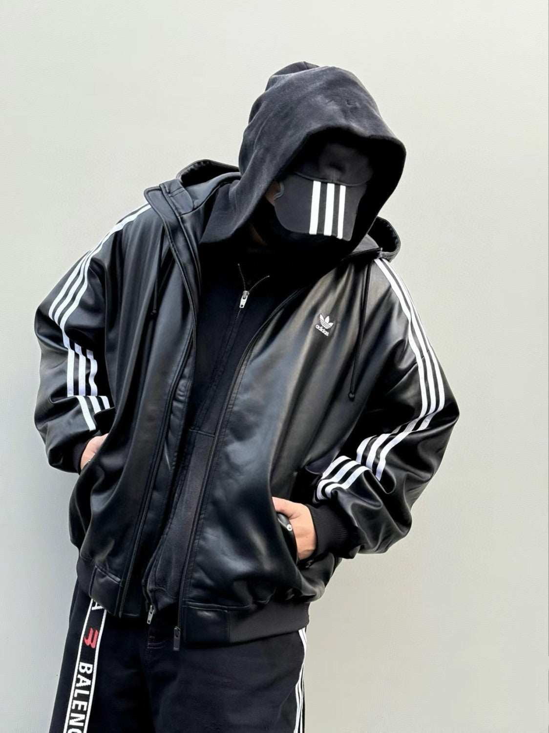 Adidas Originals Men's And Women's Spring And Fall Models Three Stripes Color Blocking Loose Sports Hooded Leather Jacket #98641