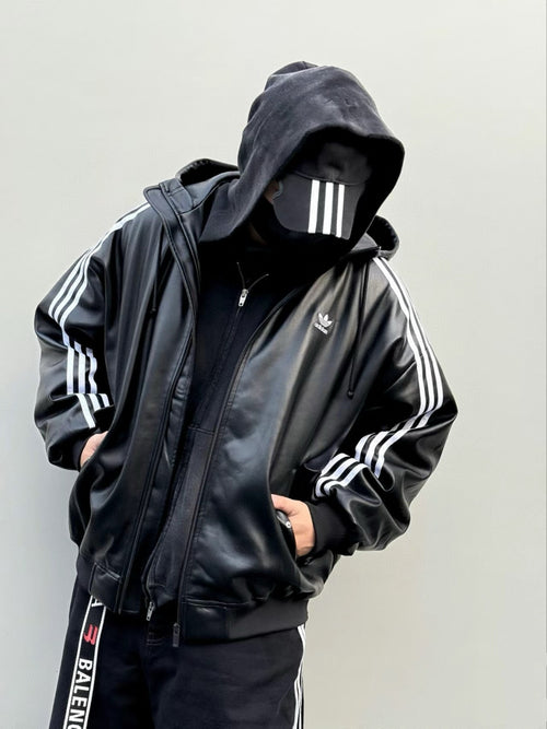 Adidas Originals Men's And Women's Spring And Fall Models Three Stripes Color Blocking Loose Sports Hooded Leather Jacket #98641