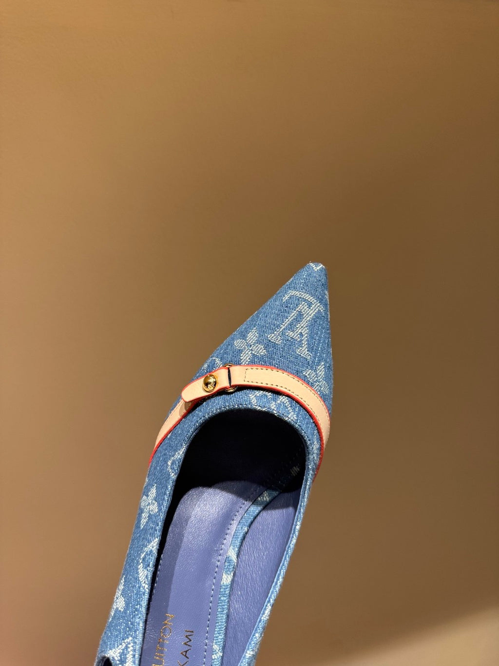 Louis Vuitton Women's Pointed Denim Print Metal Buckle Fine Heel Cherry Heel Retro Solid Color High Heels Casual Slippers Shoes #77858