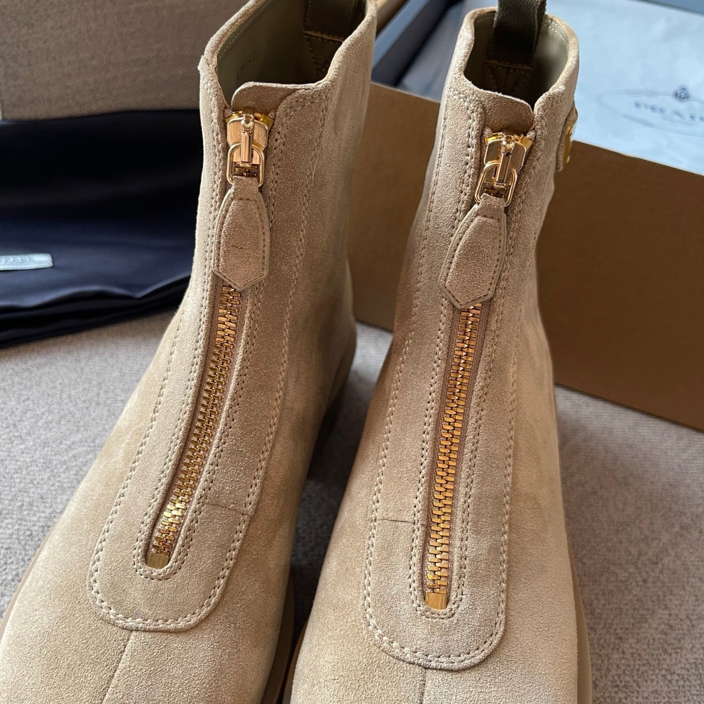 Prada Women's Fall/winter Fashion Classic Round Toe Slip On Suede Chunky Heel 4.5cm Classic Triangle Logo British Style Vintage Short Boots Shoes #79234