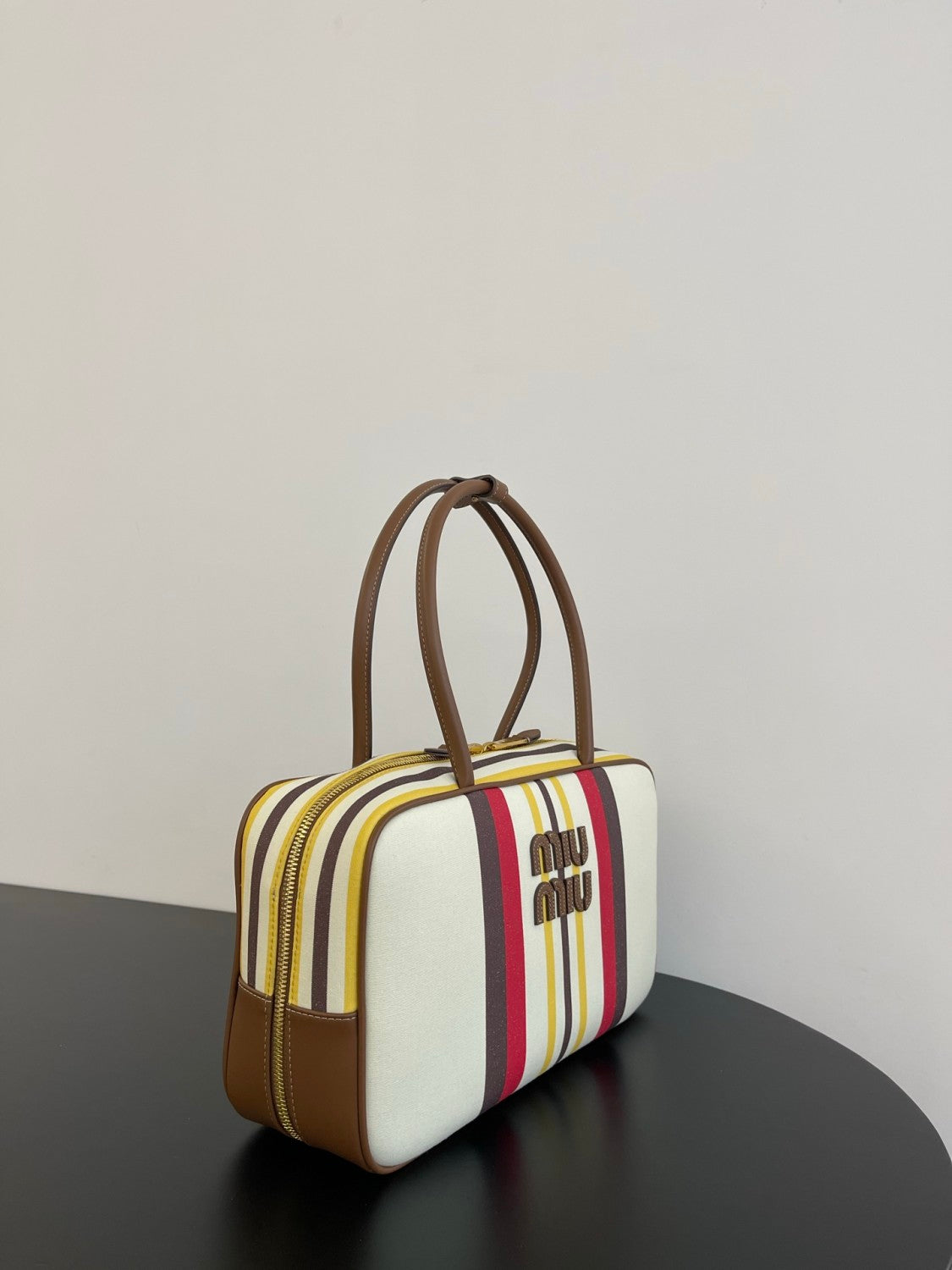 MiuMiu Beau Women's Embroidered Logo Print Striped Canvas And Calfskin Handbag Shoulder Bag Bags #77933