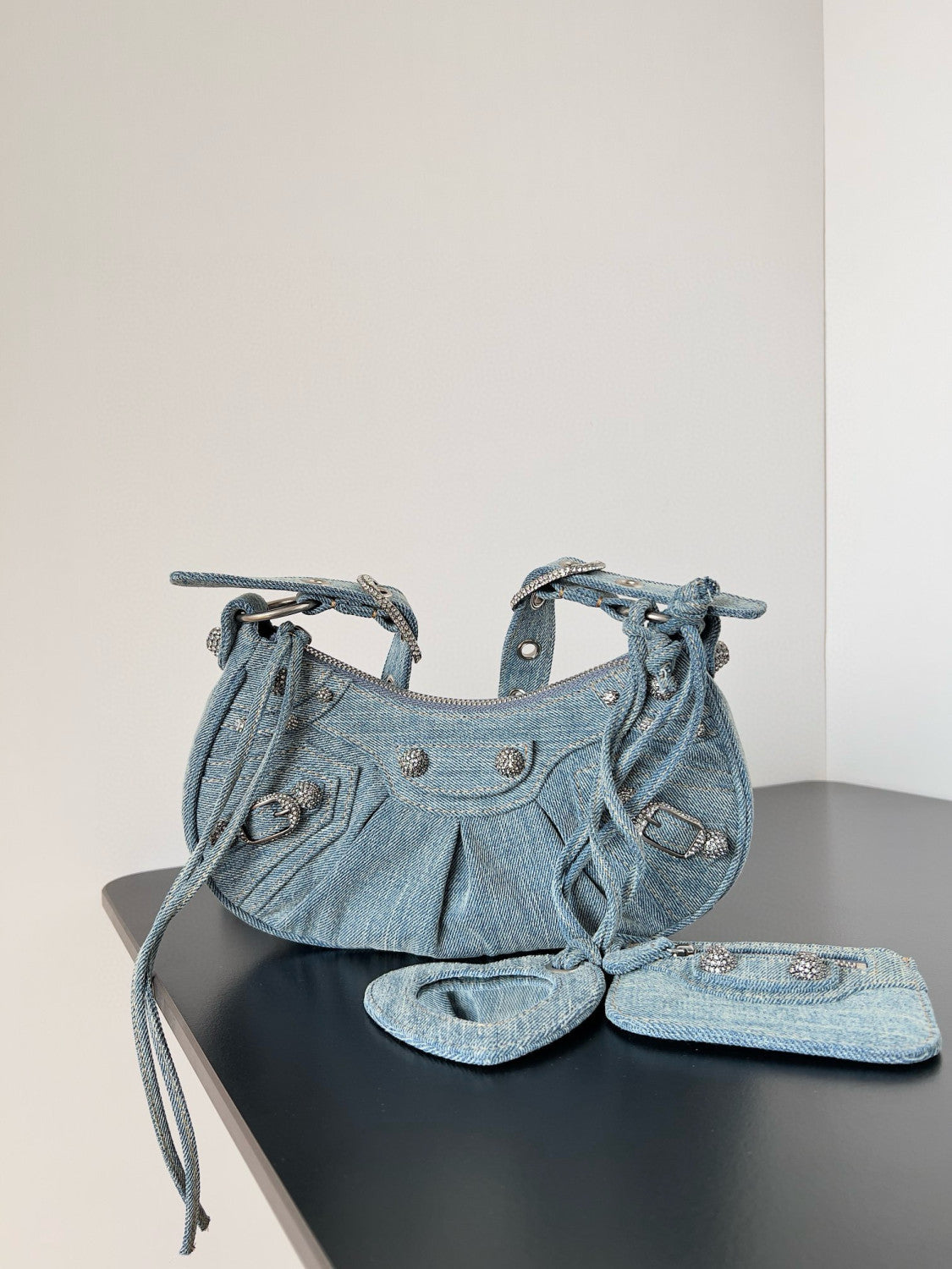 Balenciaga Le Cagole Women's Solid Colour Washed Worn Edge Adjustable Shoulder Strap Denim Shoulder Bag Armpit Bags #76769