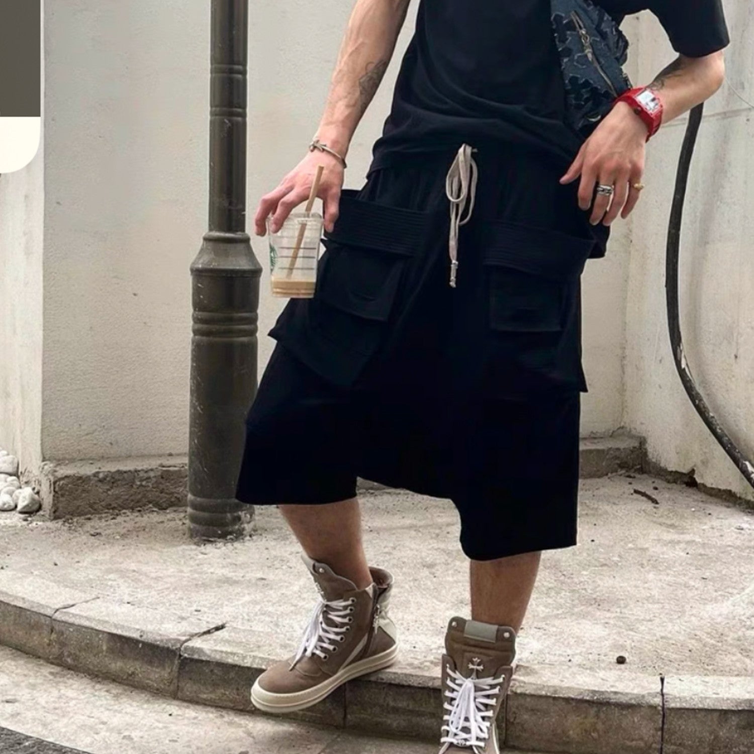 Rick Owens X Dekshdw Men's Spring/summer Vintage High Street Broken Black Distressed Denim Shorts With Drawstring Pants Ngvp #8539