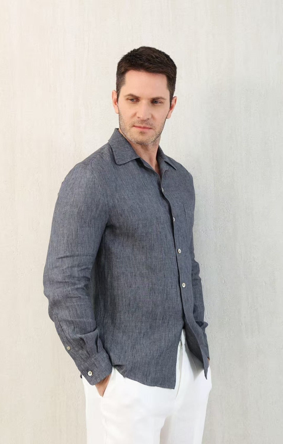 Brunello Cucinelli Men's Linen Easy Fit Shirt with Camp Collar and Chest Pocket Spring And Autumn Solid Color Long Sleeve Top Ngvp #1455