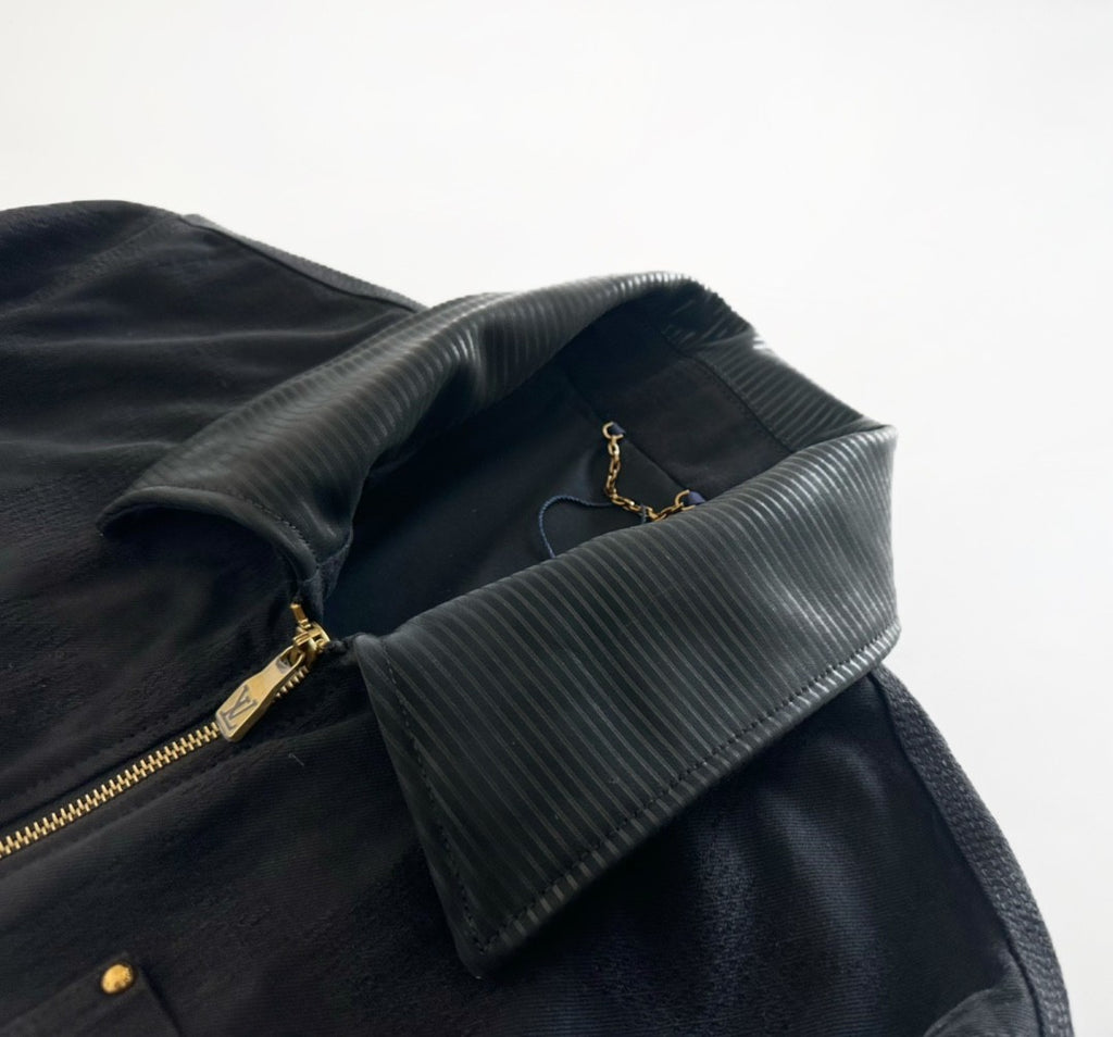Louis Vuitton Men's Spring And Fall Black Embossed Pattern Stitching Zipper Long Sleeved Denim Jacket Plaid Casual Jeans Pants Suit Set #74288