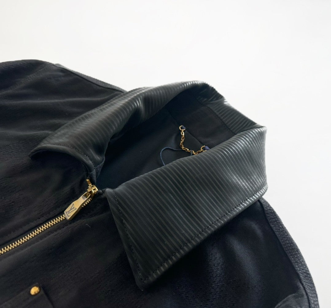 Louis Vuitton Men's Spring And Fall Black Embossed Pattern Stitching Zipper Long Sleeved Denim Jacket Plaid Casual Jeans Pants Suit Set #74288