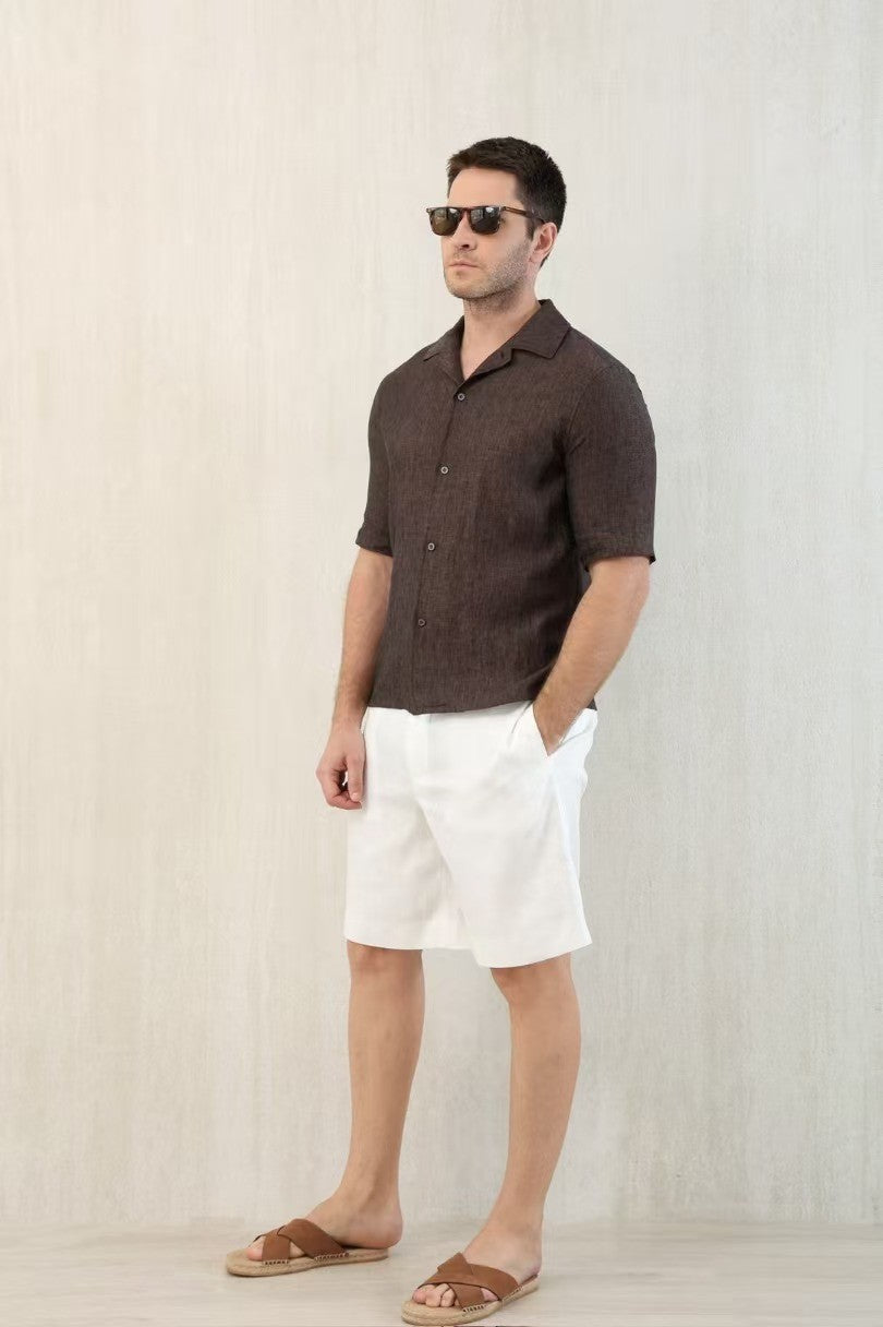 Brunello Cucinelli Men's Linen Loose Summer Single-Breasted Solid Color Lapel Short Sleeve Shirt Ngvp #1454